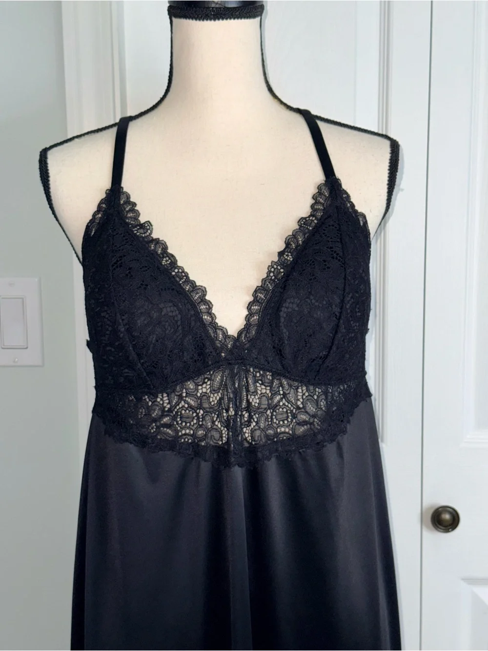 SOMA Black Lace Chemise Maxi Nightgown Slip Dress Strappy Racerback Sz L